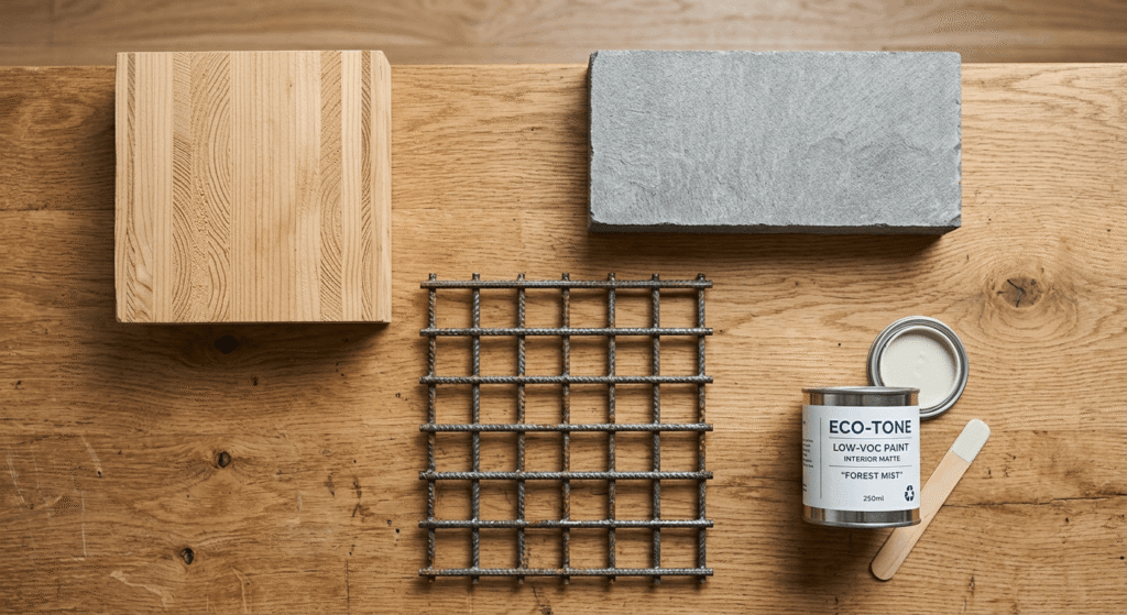 Eco friendly building materials including mass timber, recycled steel, and low-VOC paint displayed on a workbench