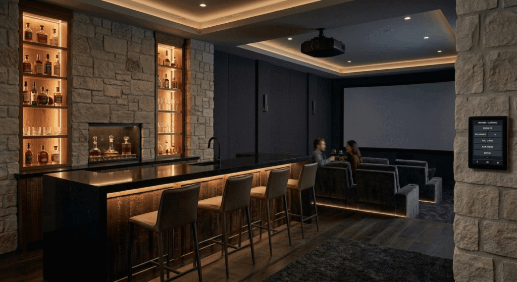 Luxury basement renovation with home theater, stadium seating, and custom bar in Ontario residential renovation project