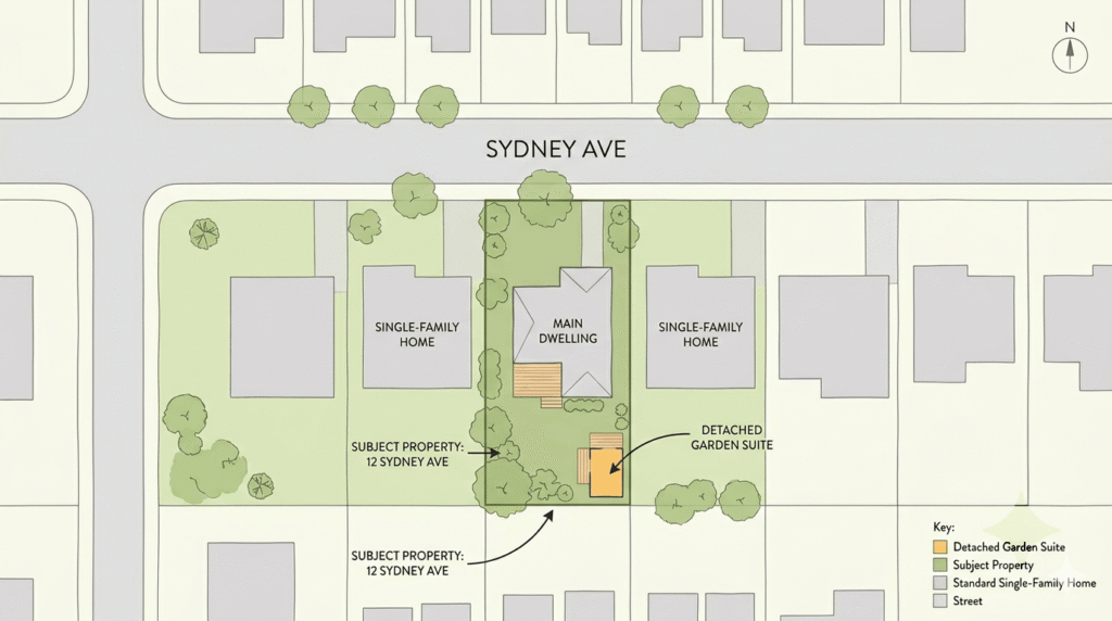 Urban planning diagram of a Toronto residential block showing a detached garden suite in a rear yard