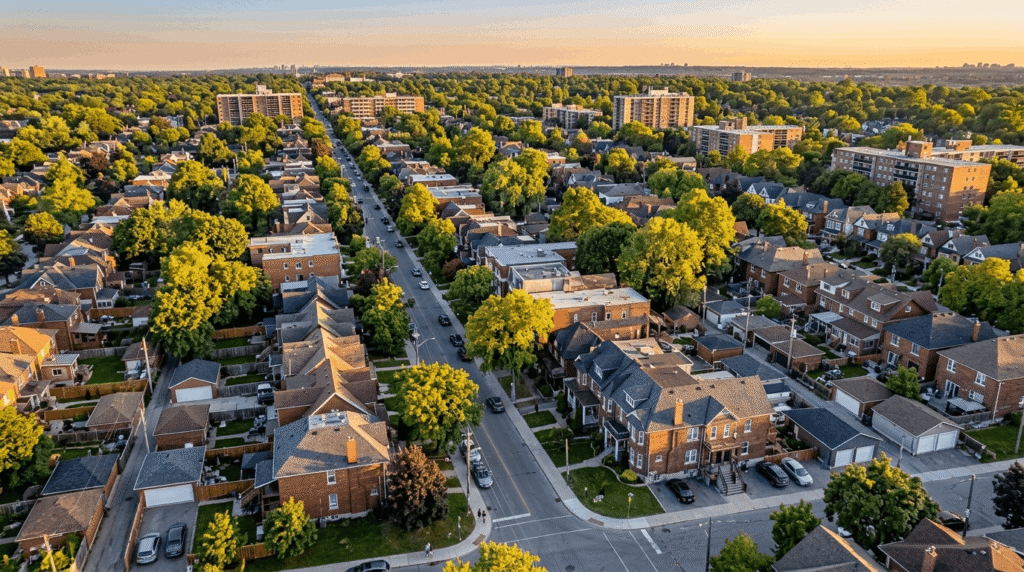 Ontario residential neighbourhood showing a mix of multi-plex conversions and single-family homes, illustrating portfolio growth through real estate