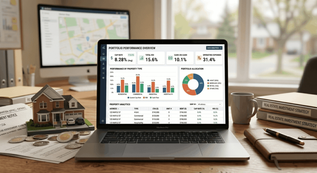 
Investment dashboard displaying cap rate benchmarks and annual ROI comparisons for plex buildings and other real estate types in Canada 2026