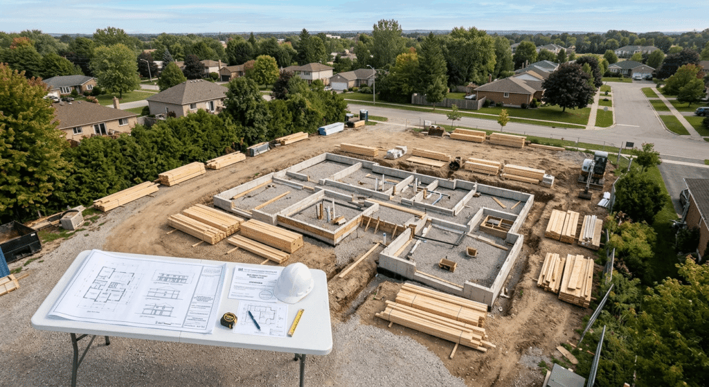 Aerial view of a residential construction site in Ontario with blueprints and building permits during pre-construction planning phase