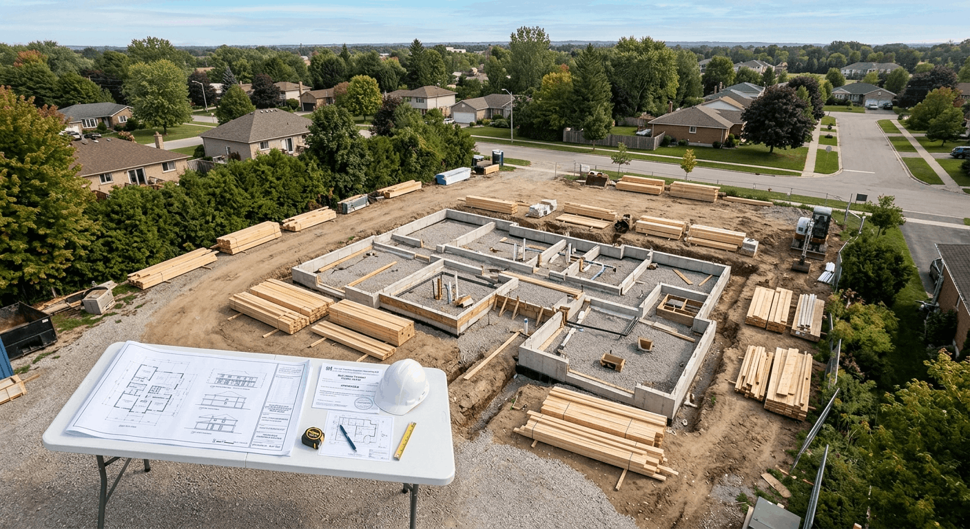 Aerial view of a residential construction site in Ontario with blueprints and building permits during pre-construction planning phase