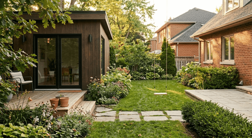 Modern garden suite in an Ontario suburban backyard with Chair and Glass door