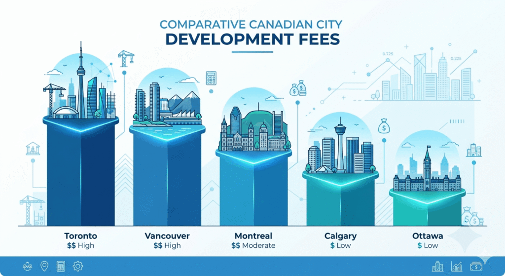 Bar chart comparing average condo developer fees per unit across Toronto, Vancouver, Ottawa, Montreal, and Calgary in 2026.