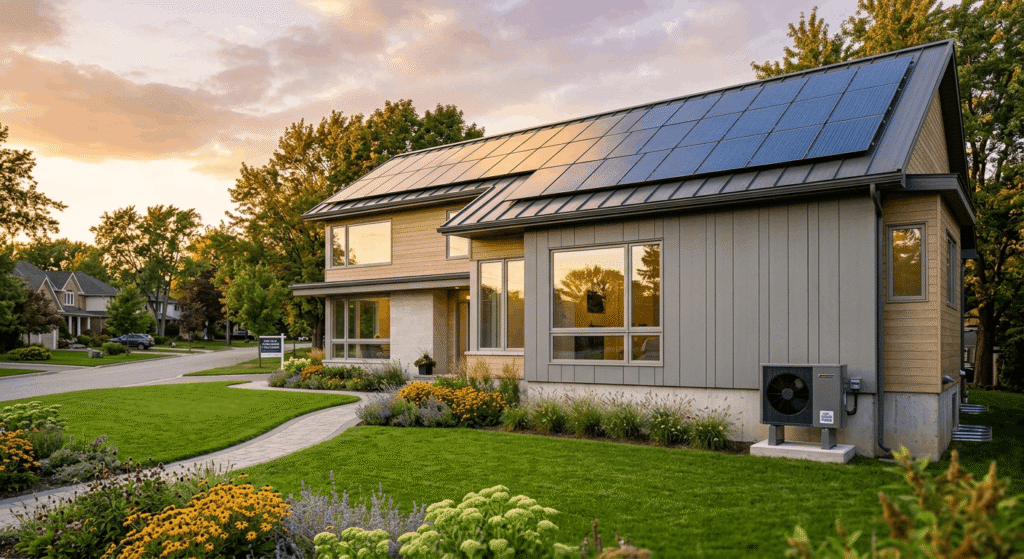 Net zero energy home in Ontario with solar panels, triple-pane windows, and heat pump at golden hour