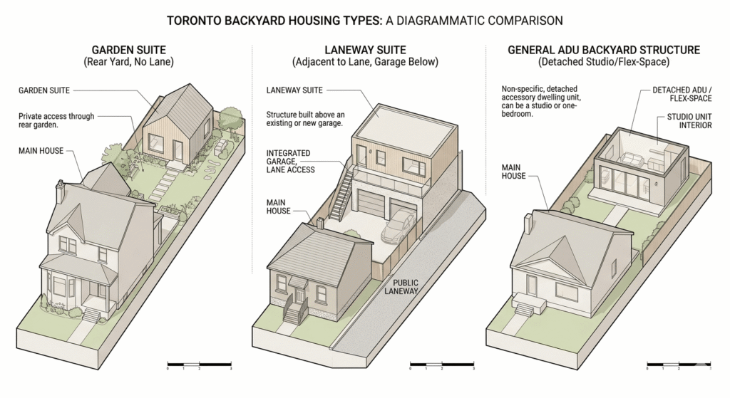 Architectural comparison illustration of a Toronto garden suite, laneway suite, and backyard ADU side by side