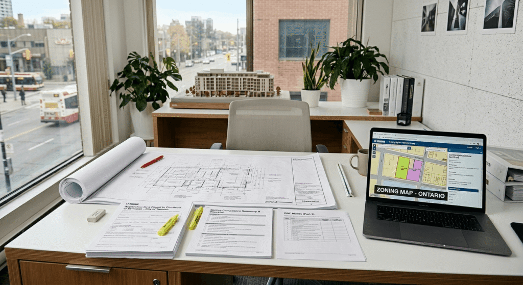 Architect reviewing garden suite permit drawings and Ontario zoning map documents at a desk