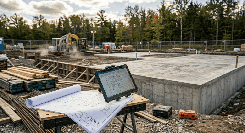 "Architect reviewing accessory dwelling unit building plans at an Ontario construction site"