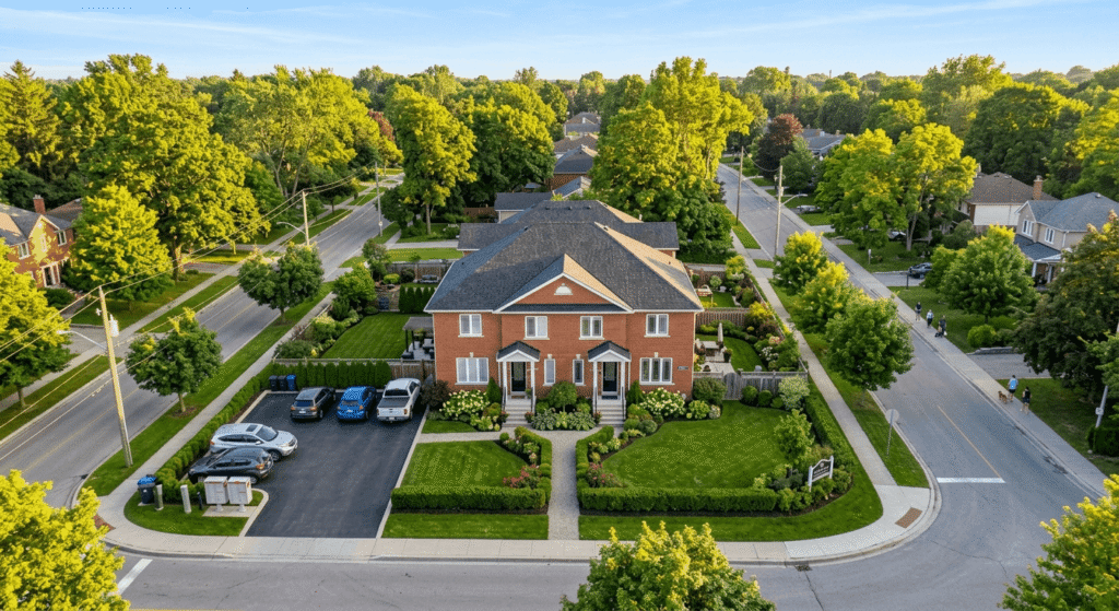 Aerial view of a well-maintained fourplex in an Ontario suburb representing a multiplex real estate investment