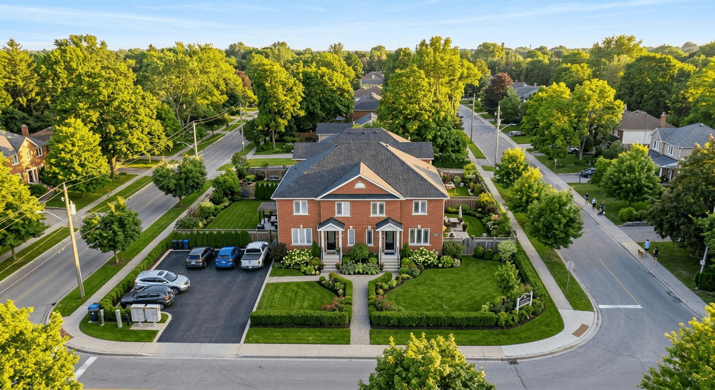 Aerial view of a well-maintained fourplex in an Ontario suburb representing a multiplex real estate investment