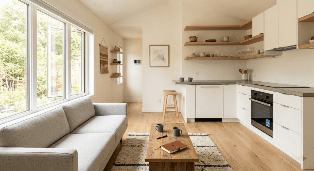 Bright and modern interior of a completed Ontario accessory dwelling unit with energy-efficient features