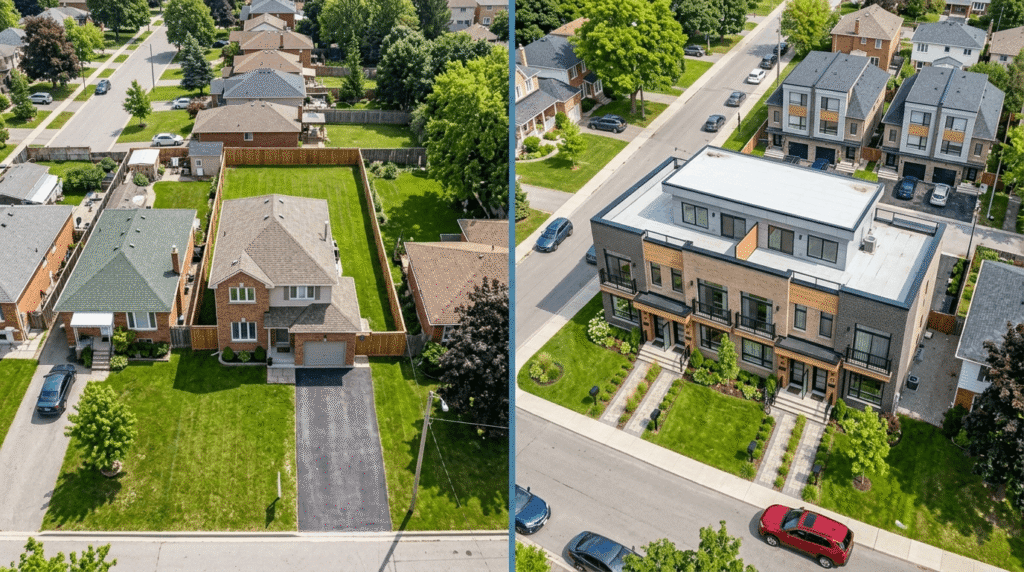 Aerial comparison of a single-family home versus a quadplex, illustrating the difference in rental income potential