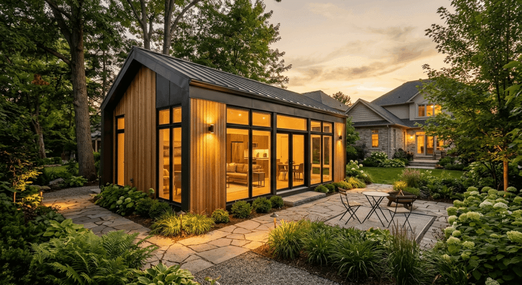 Modern detached garden suite with large windows set in a landscaped Ontario backyard