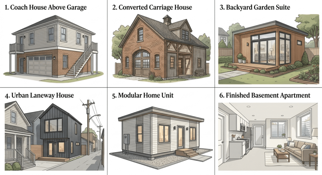 Six types of accessory dwelling units including garden suite, coach house, laneway house, and modular home in Ontario