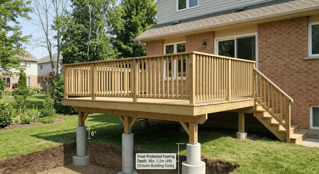Newly built elevated wood deck on an Ontario home built to OBC 2026 deck code requirements
