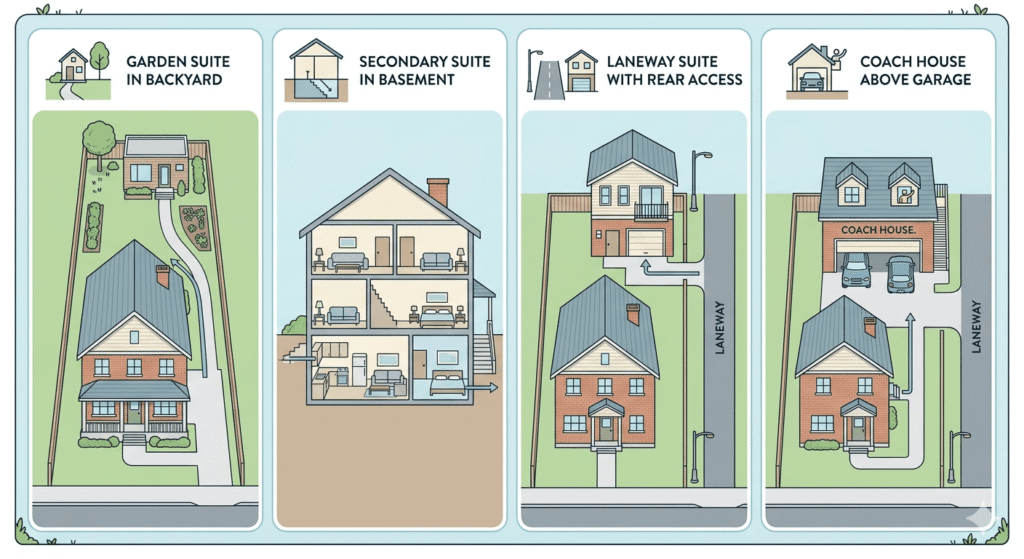 Comparison diagram of garden suite, secondary suite, laneway suite, and coach house in Ontario
