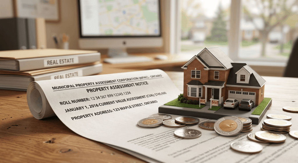 Property tax assessment notice beside a house model representing Ontario multiplex property tax management strategies