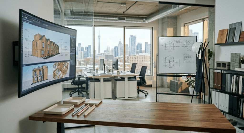  3D digital construction plans together in a Toronto design-build firm at leedway office Mississauga