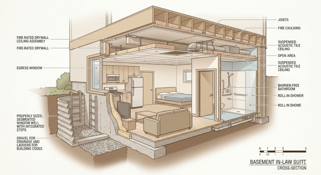 Building code cross-section diagram showing fire separation, egress window, and accessible doorway in a legal basement suite