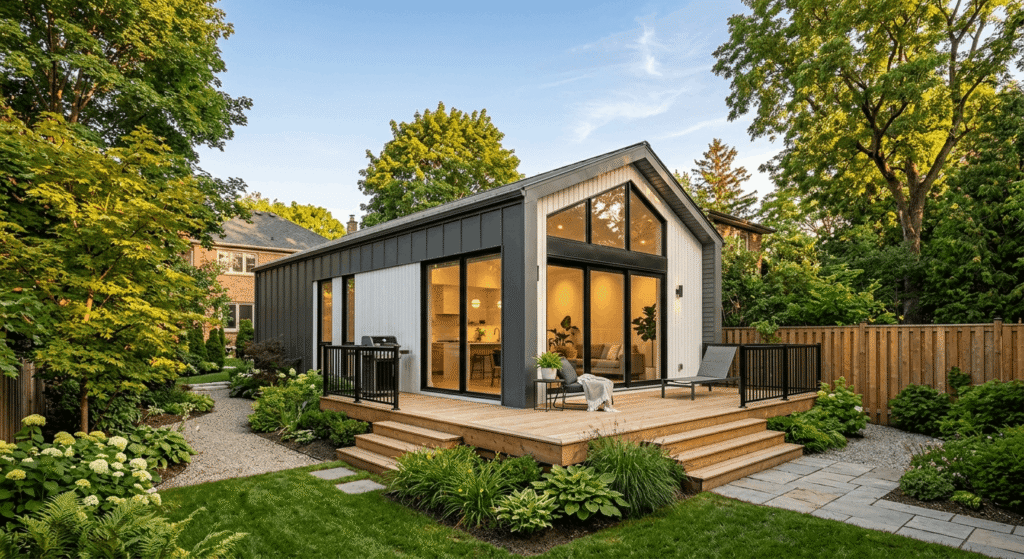 Completed garden suite in Ontario backyard with modern exterior and wood deck surrounded by landscaping