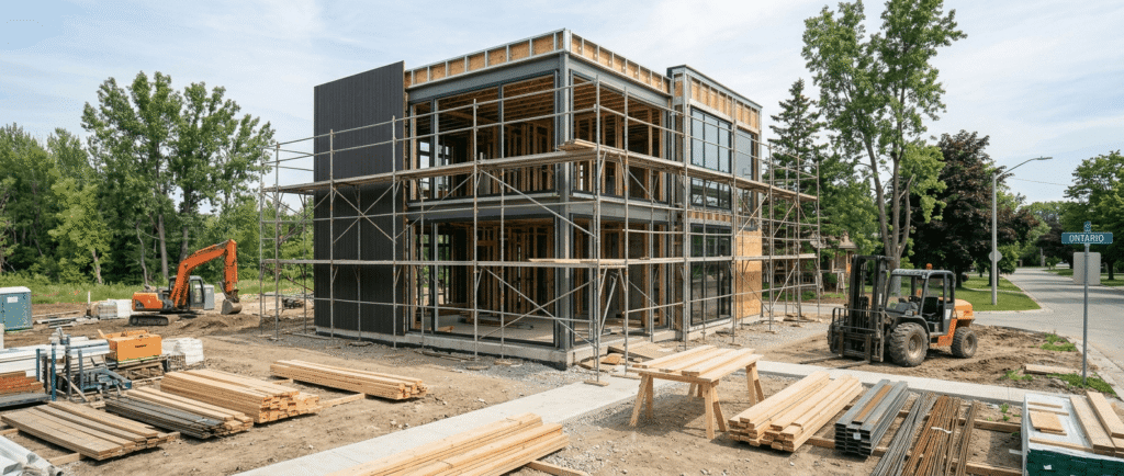 New home construction site in Ontario with scaffolding and framing, representing HCRA-licensed builder requirements for new builds