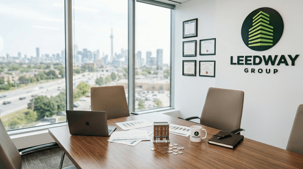Two Leedway Group property consultants reviewing multiplex investment performance reports in a modern Mississauga office with the Leedway Group logo on the wall