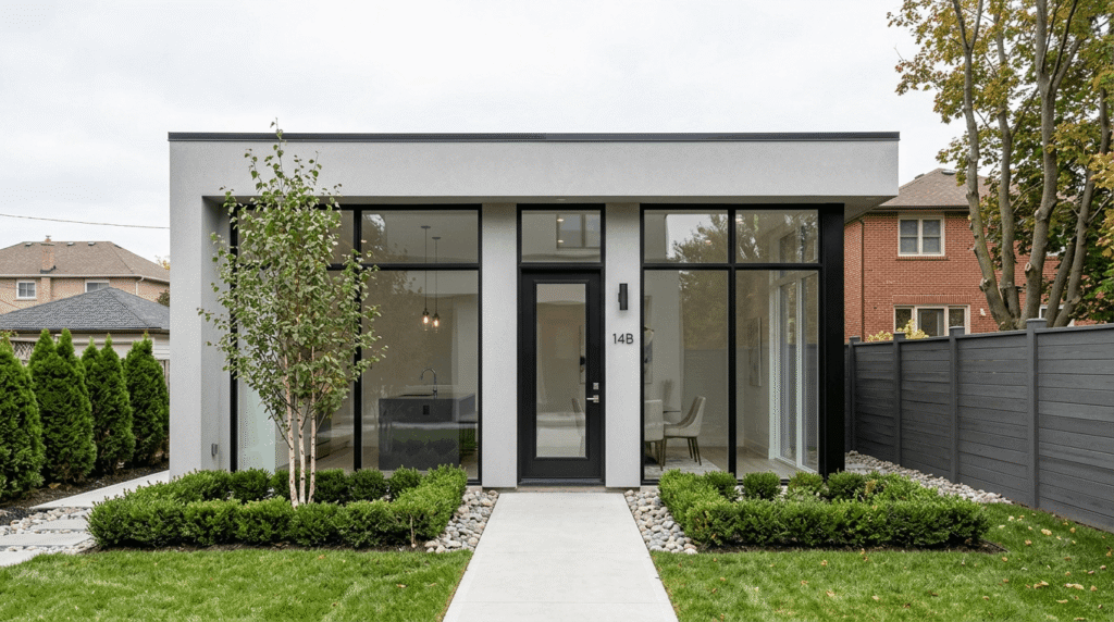 Photorealistic modern garden suite with flat roof, grey stucco cladding, and floor-to-ceiling windows in a Toronto suburban backyard