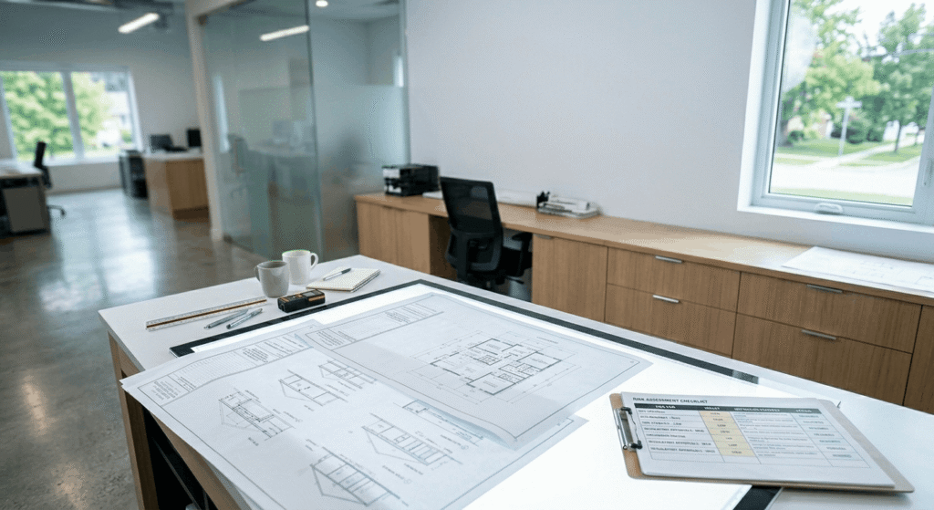 Architect and project manager reviewing Ontario construction drawings to identify risks during pre-construction planning