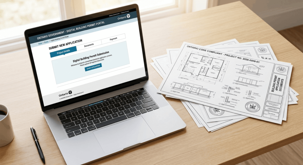 Digital building permit submission portal on a laptop, representing Ontario's 2026 online permitting process