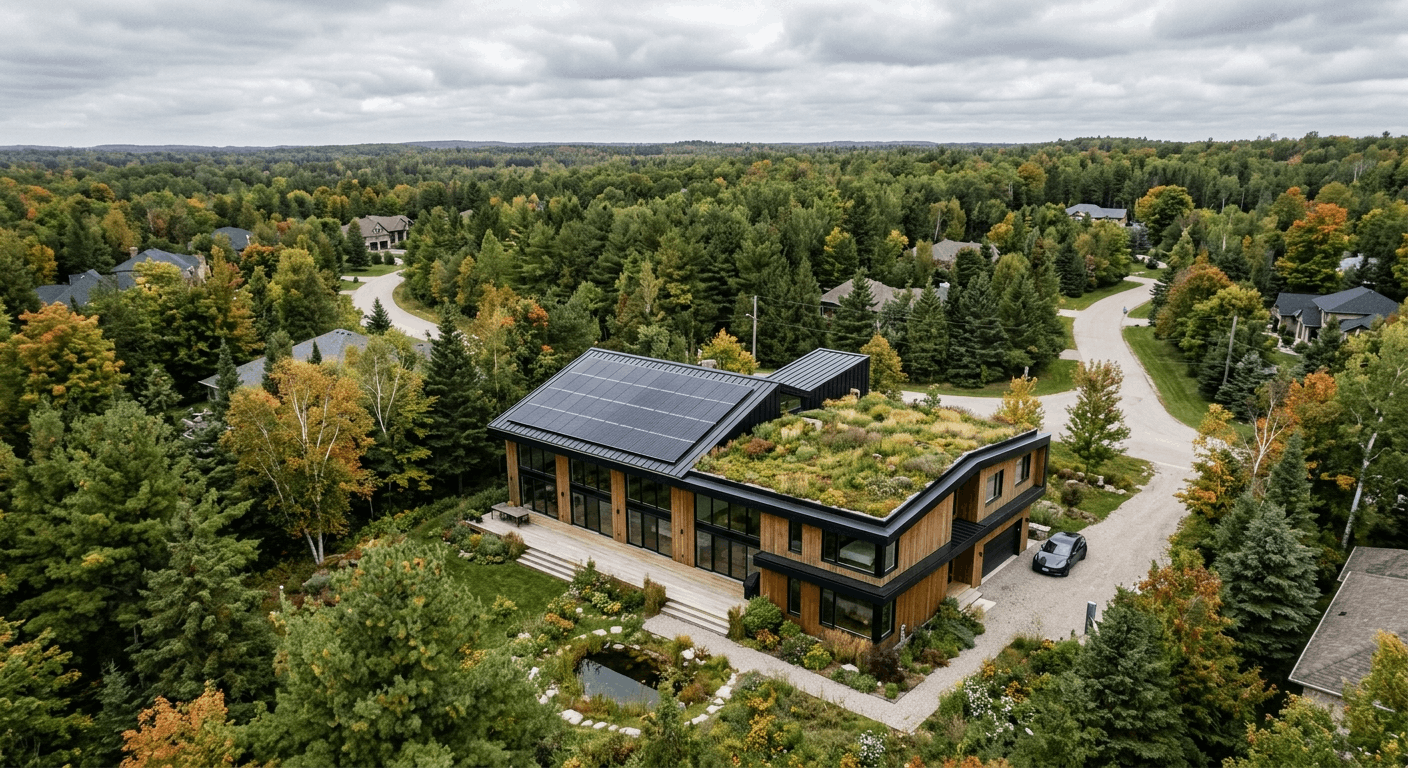 Modern sustainable home in Ontario with solar panels and green roof, surrounded by tree
