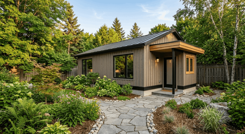 Detached garden suite in a Mississauga backyard with grey siding and large windows