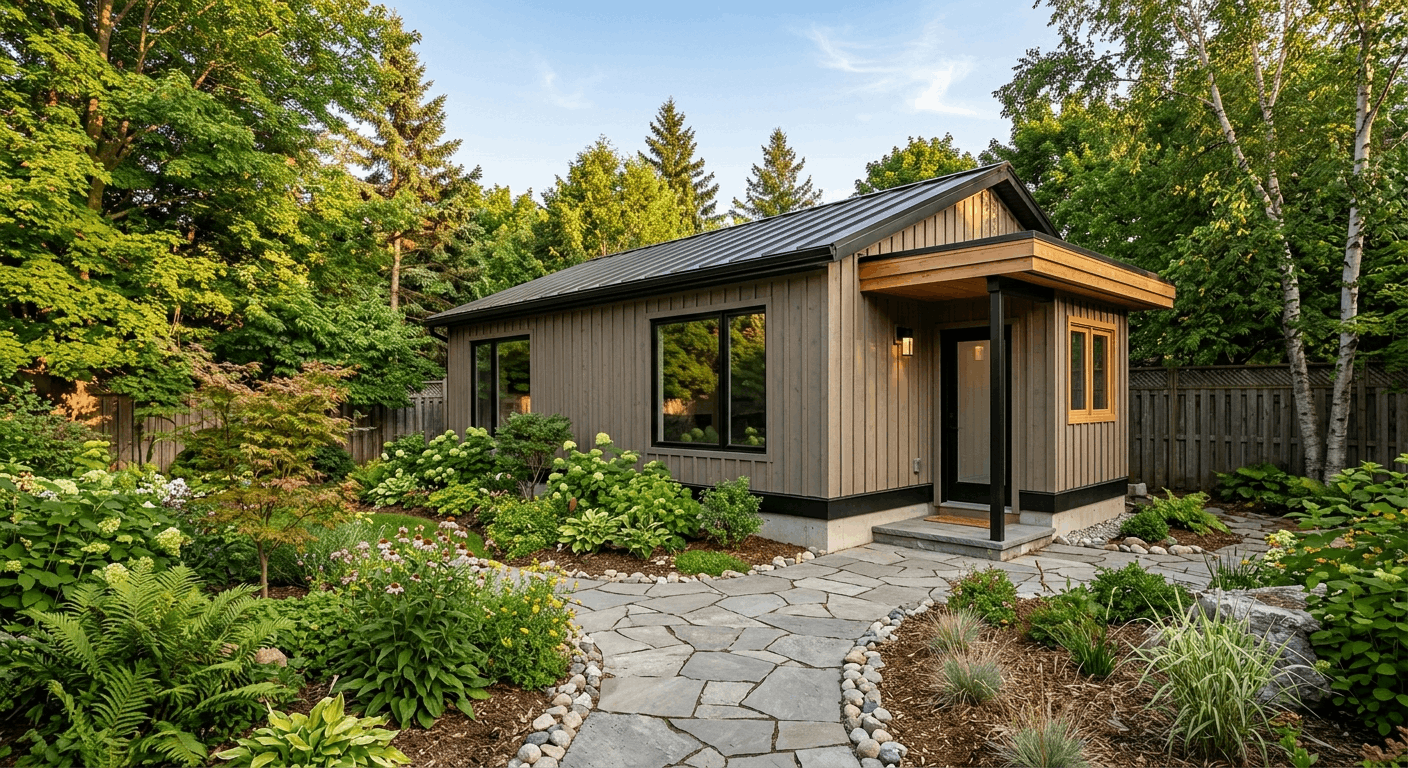Detached garden suite in a Mississauga backyard with grey siding and large windows