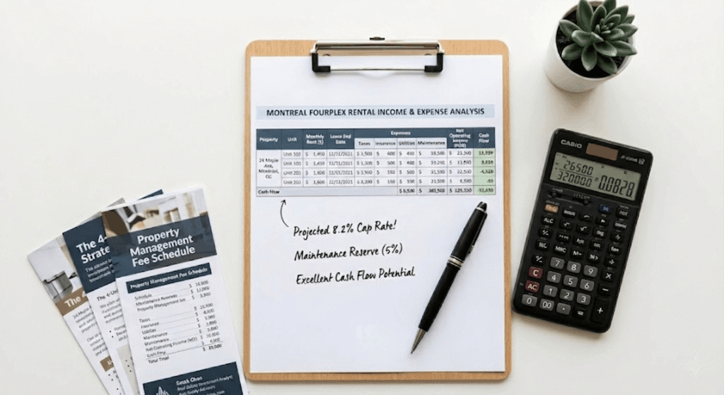 
Financial documents and calculator used to calculate net operating income and real estate investment ROI for a plex building