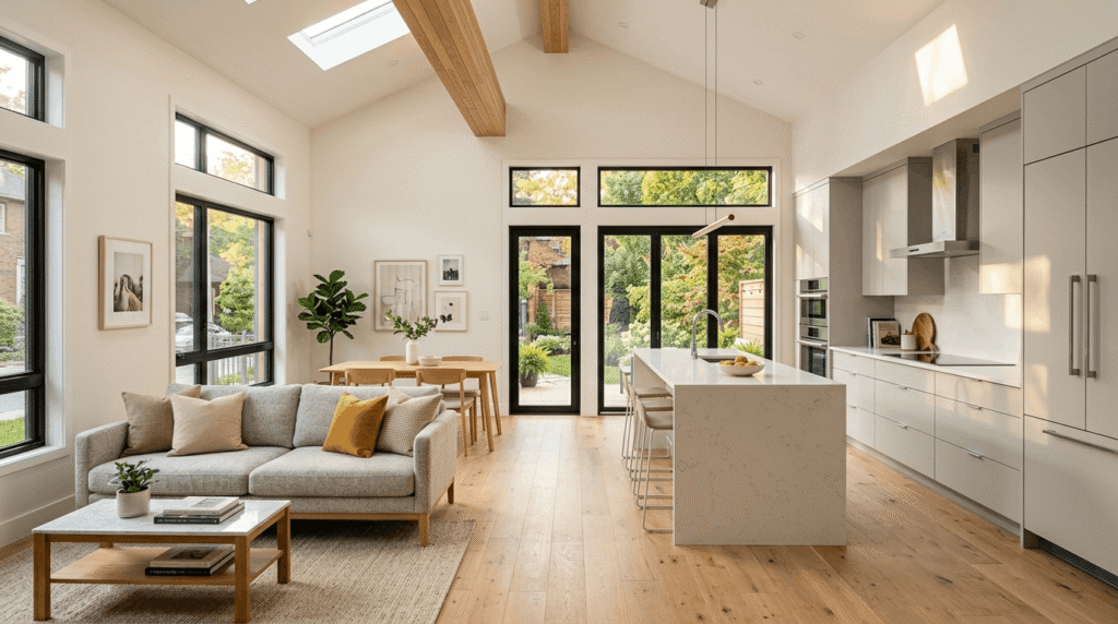 Modern interior of a Toronto garden suite with open-plan kitchen, hardwood floors, and garden views