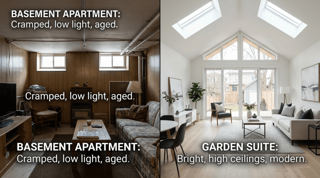 
Split image comparing a cramped Toronto basement apartment with low ceilings against a bright modern garden suite interior with skylights and high ceilings