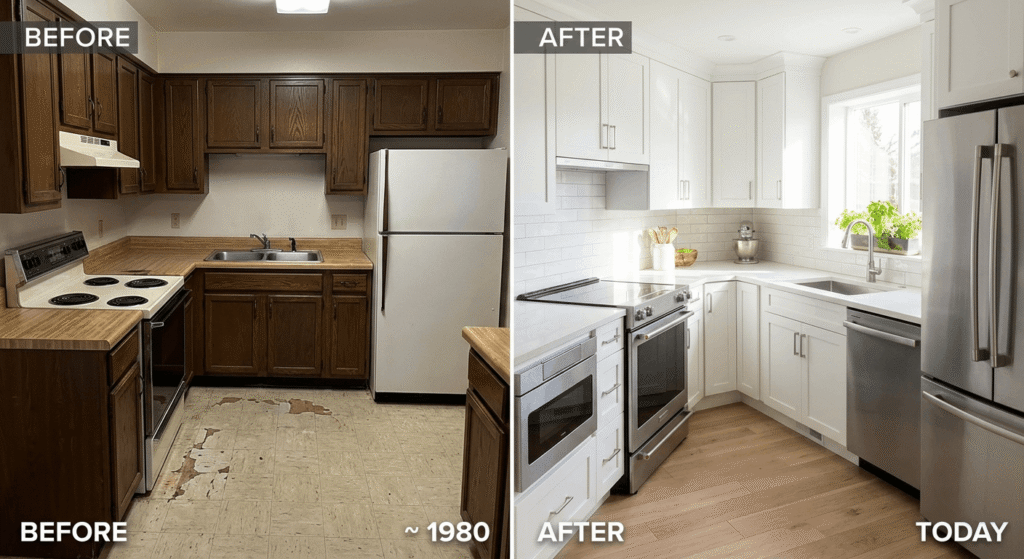 Before-and-after kitchen renovation in a rental unit showing value-add upgrades that increase rental income