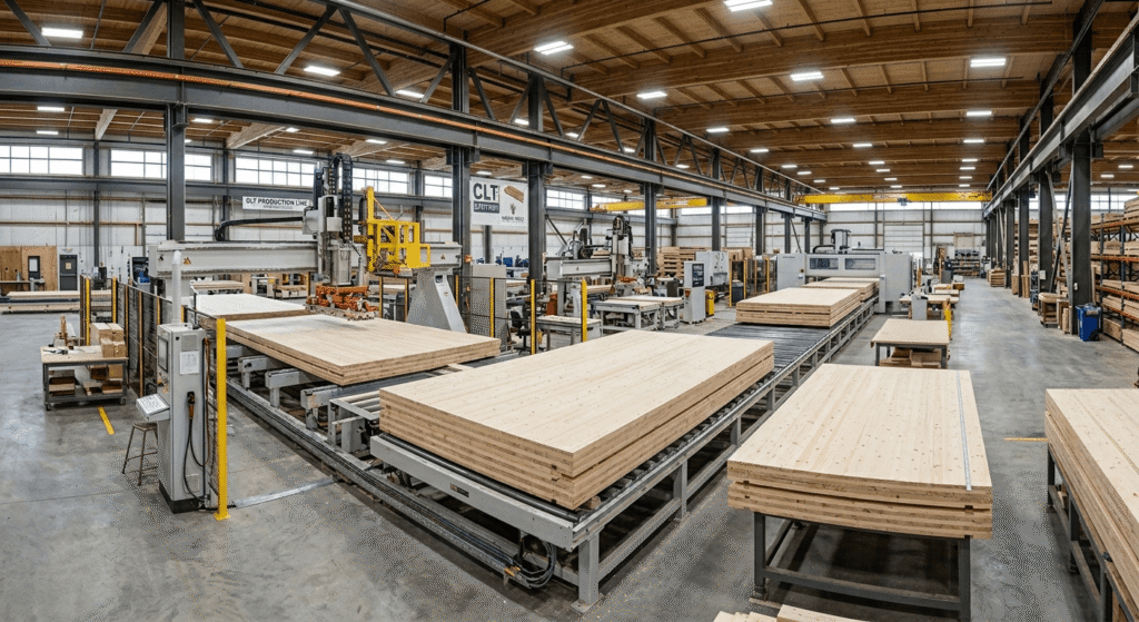 Cross-laminated timber panels being assembled in an Ontario prefabrication facility for sustainable construction
