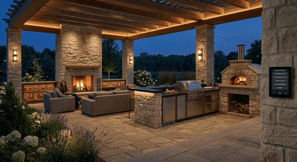 Luxury outdoor living space with outdoor kitchen, stone fireplace, and professional landscaping in Ontario custom home project
