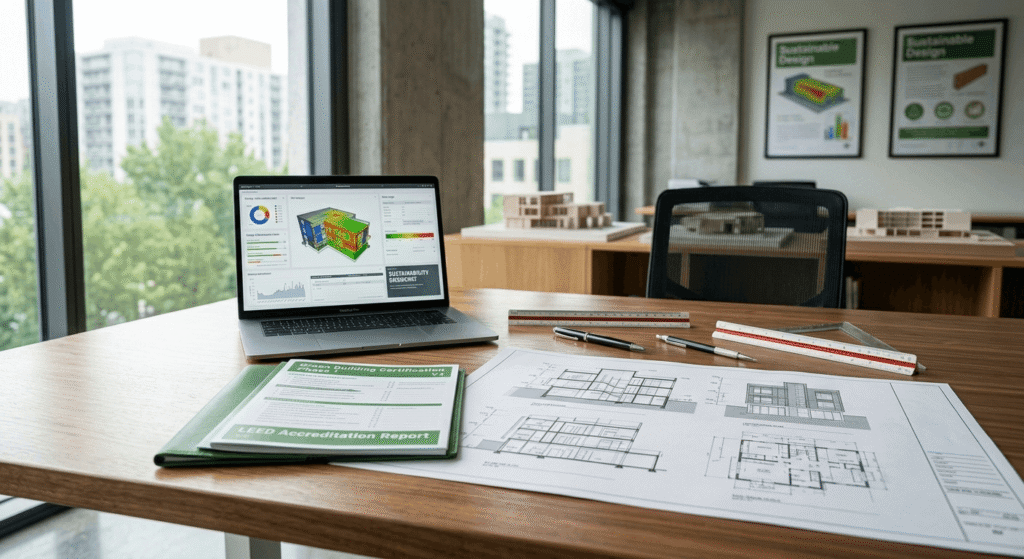 Architect reviewing LEED certification documents and energy performance plans for a sustainable Ontario building project