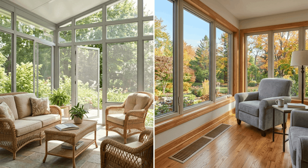 "Side-by-side comparison of a three-season and four-season sunroom interior showing insulation and glazing differences"