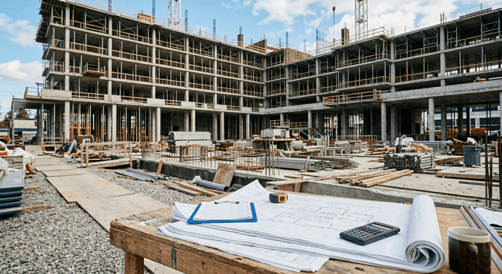 Project manager reviewing condo development blueprints at a Toronto construction site.