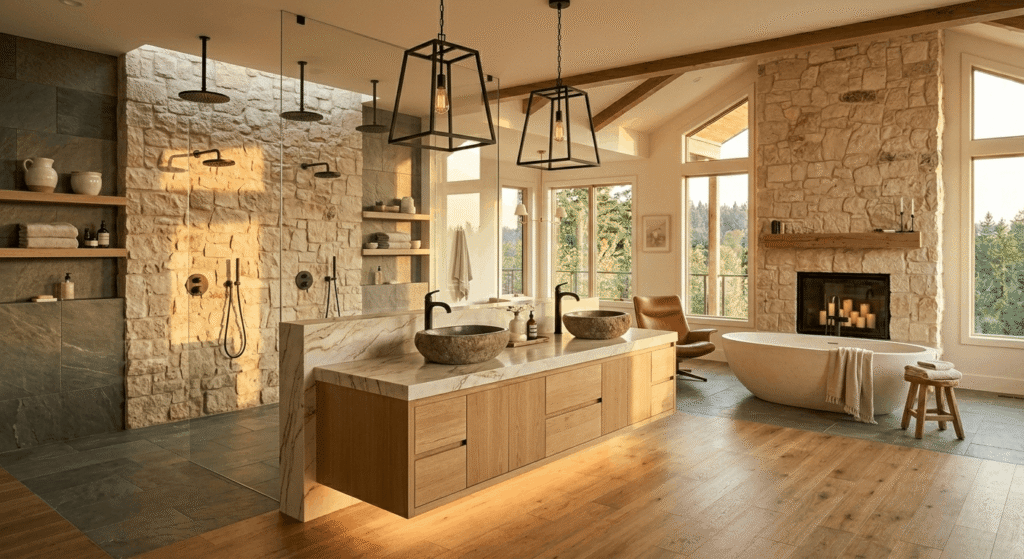 Spa-inspired luxury bathroom with freestanding soaking tub, rain shower, and natural stone tile in Ontario custom home renovation