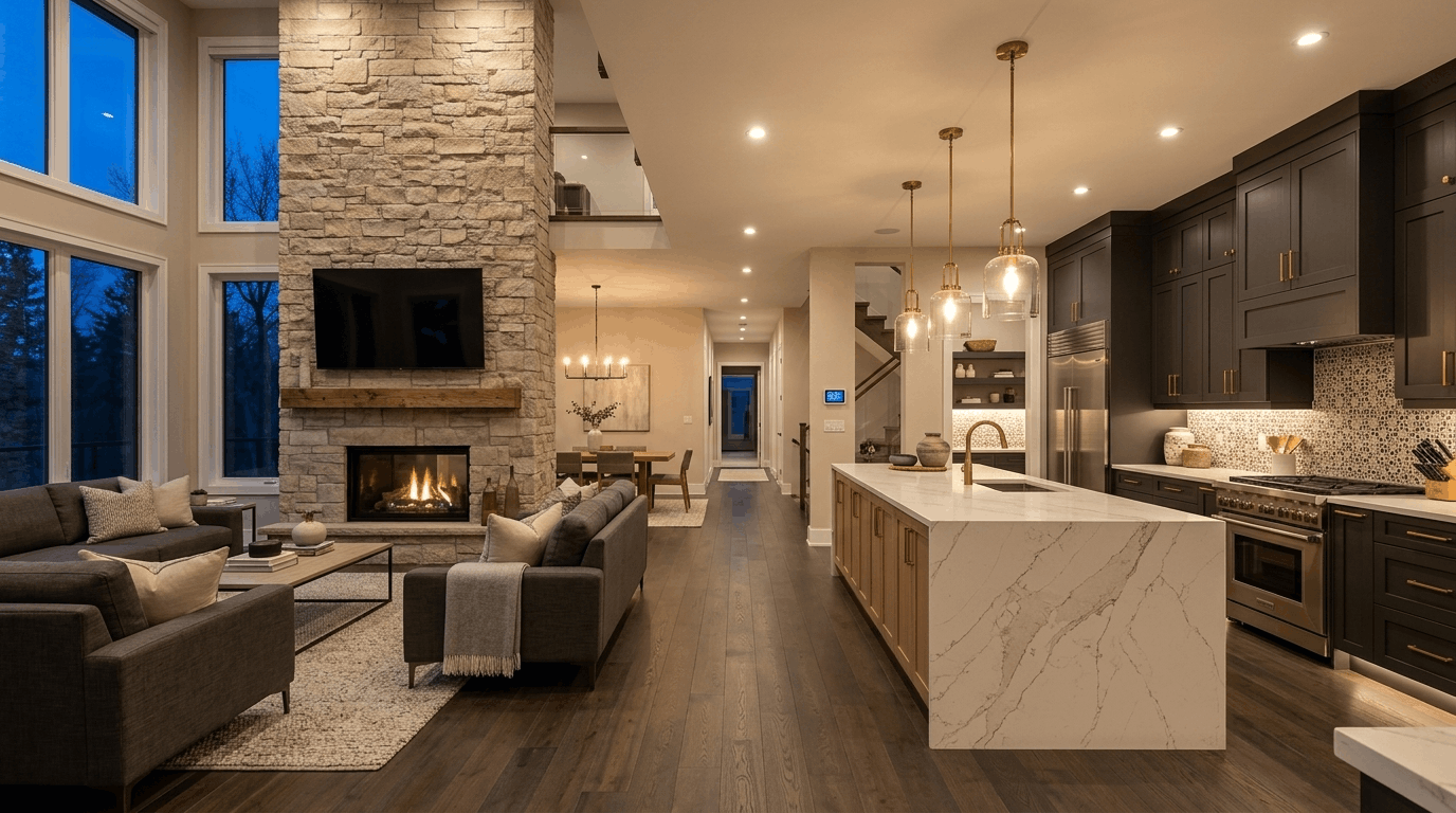 Luxury home remodeling ideas including custom kitchen, stone fireplace, and pendant lighting in Ontario custom home renovation