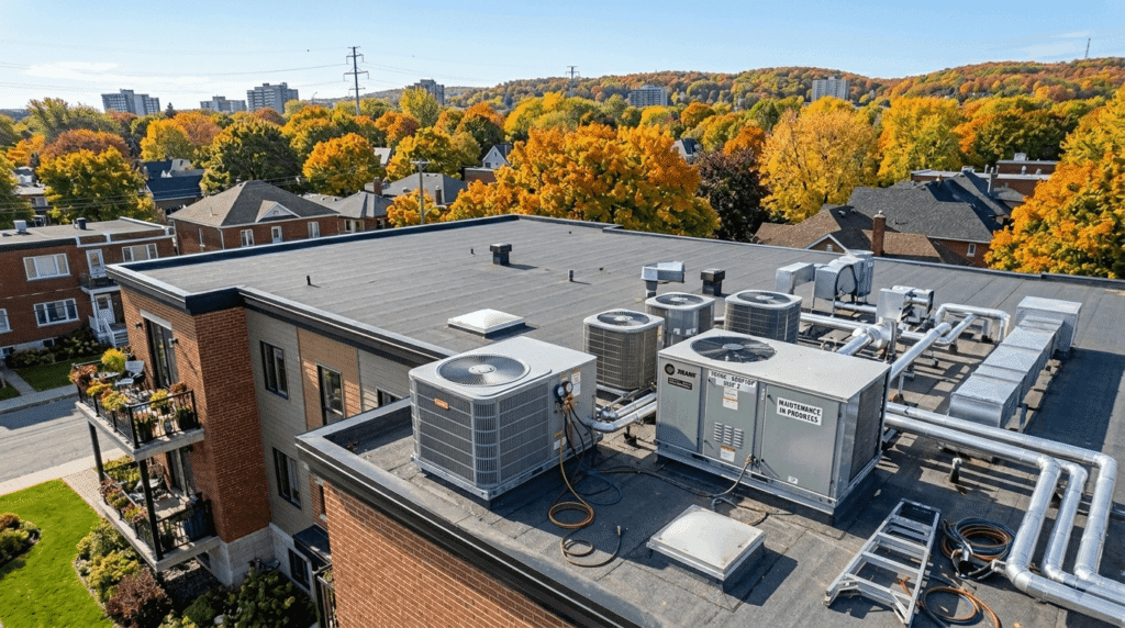 Property maintenance HVAC systems on the rooftop of a Canadian multi-plex building

