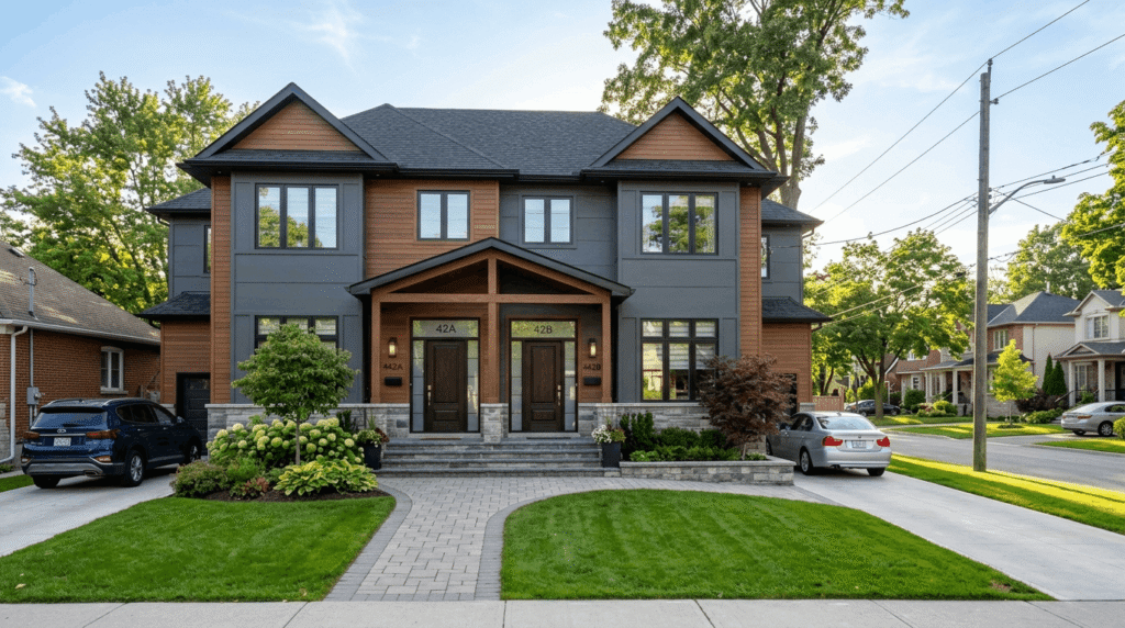 A professional builder and a family reviewing architectural blueprints together on a kitchen table, with a laptop showing a 3D home design open beside them. Bright and collaborative atmosphere, Ontario suburban home background visible, photorealistic.