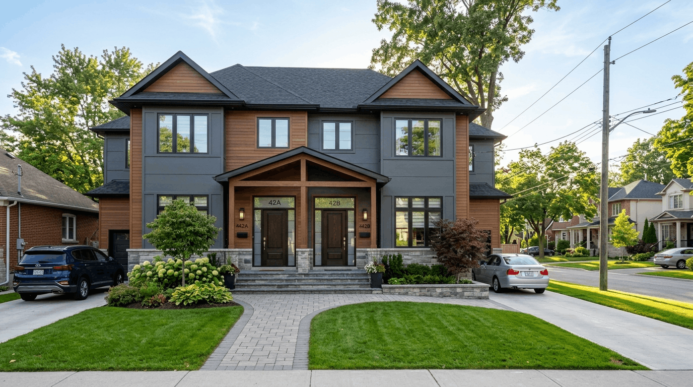 A professional builder and a family reviewing architectural blueprints together on a kitchen table, with a laptop showing a 3D home design open beside them. Bright and collaborative atmosphere, Ontario suburban home background visible, photorealistic.