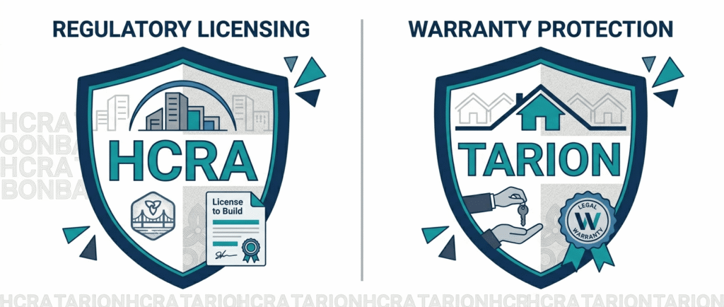 Two shield icons representing HCRA Ontario licensing and the Tarion Warranty Program consumer protections