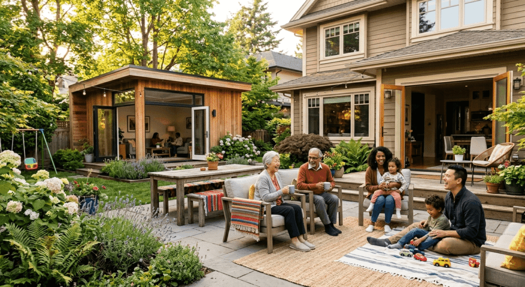 Multi-generational family gathering in a backyard between a main home and an accessory dwelling unit