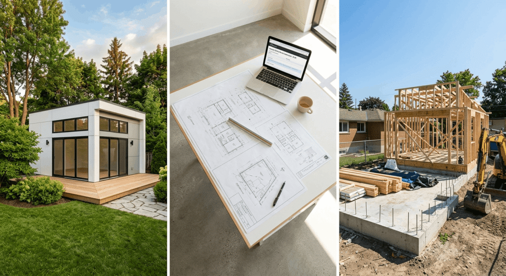 Garden suite under construction in Ontario residential backyard showing wood framing and foundation work